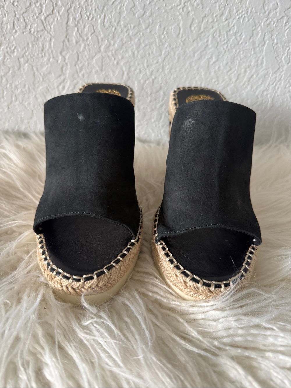 Vince Camuto Black Suede Espadrille Slide Wedges